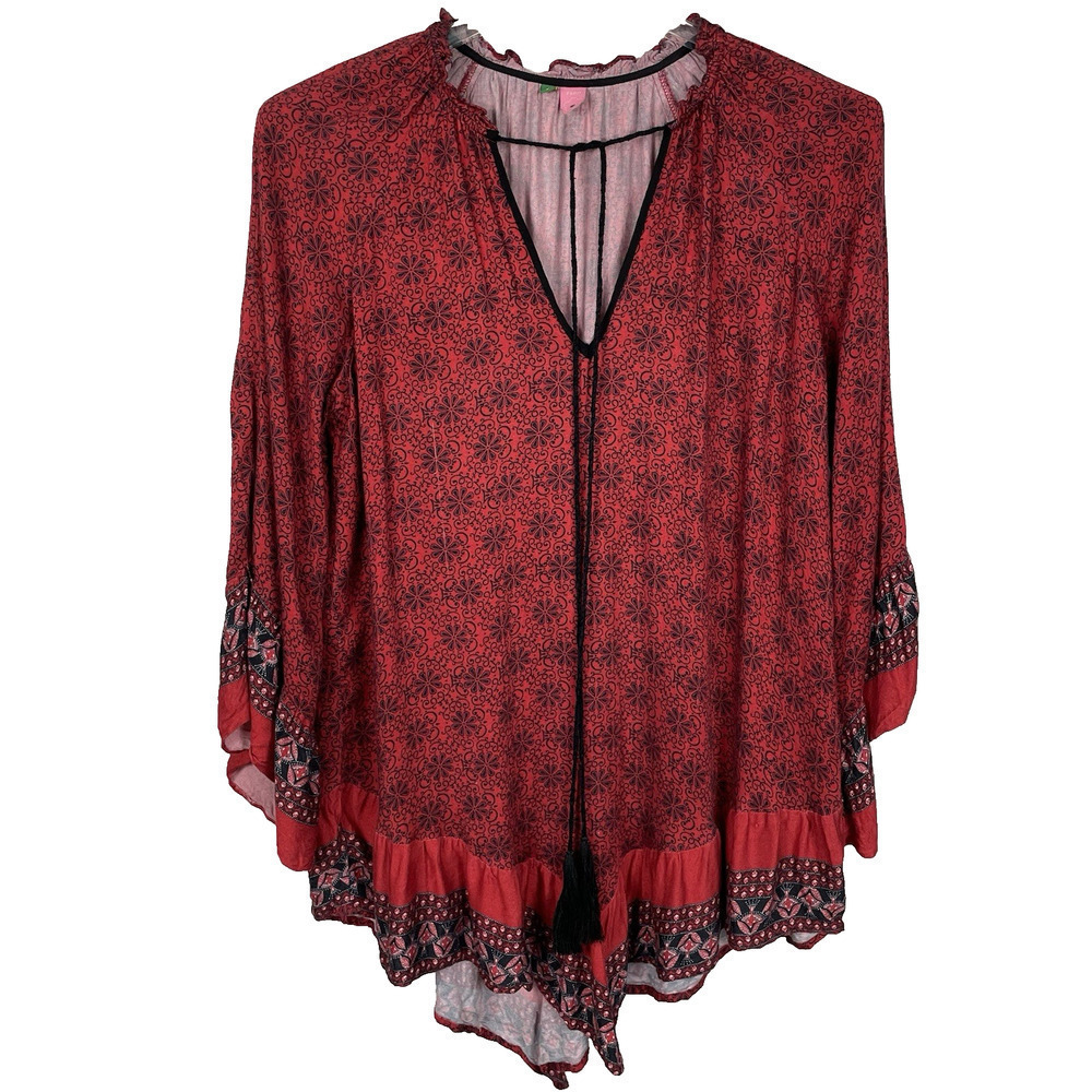 Farm Rio Tunic Top Size Small Red Floral Bohemian Flowy Ruffle Lagenlook Hippie